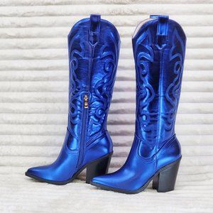 Metallic Western Knee High Cowgirl Cowboy Boots - Royal Blue Cobalt Blue